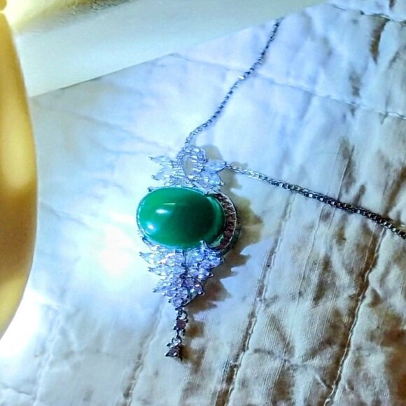 Vintage 925 Sterling Silver Green Gemstone and Crystals 23.5" Necklace - Picture 5 of 9